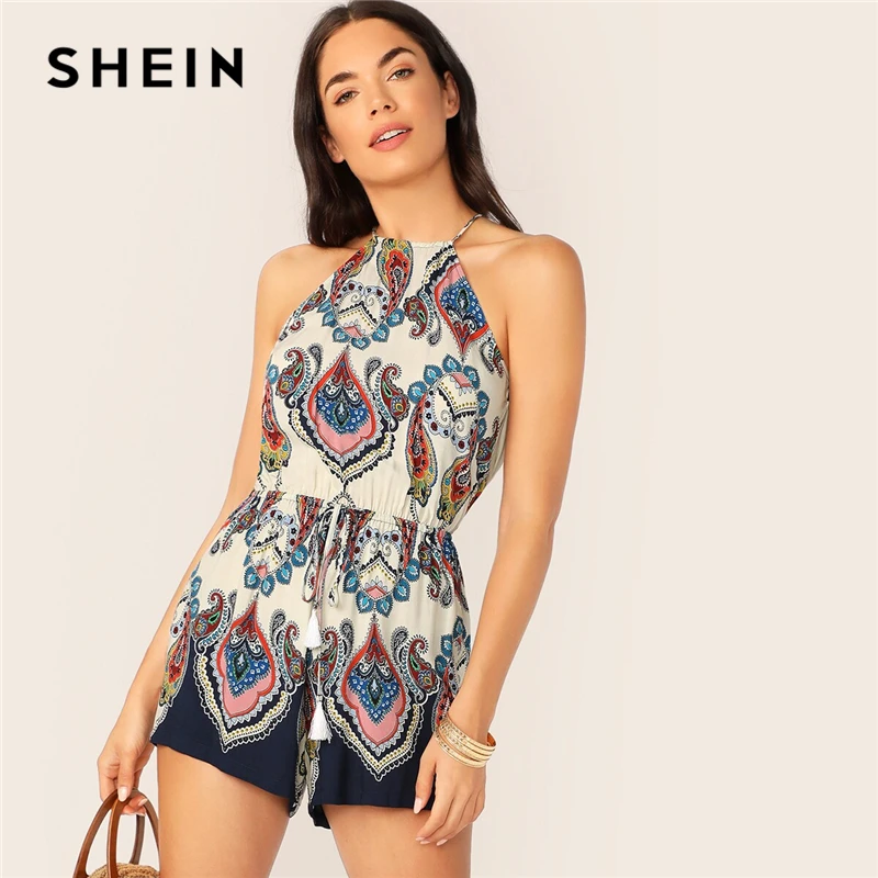 

SHEIN Tribal Paisley Print Tassel Split Tie Back Halterneck Rompers Womens Jumpsuit Sleeveless Boho Summer Romper Playsuit