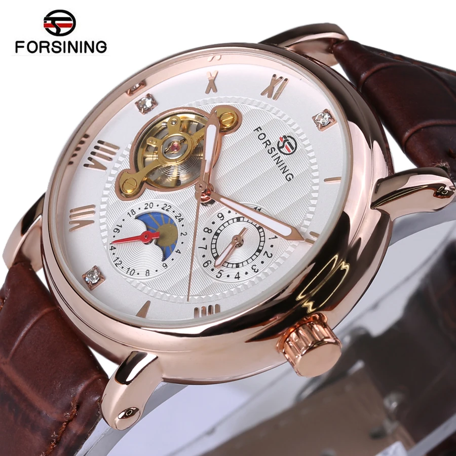 

Forsining Top Brand Luxury Tourbillon Diamond Display Automatic Watch Fashion Luxury Series Design Rose Golden Case Mens Watches