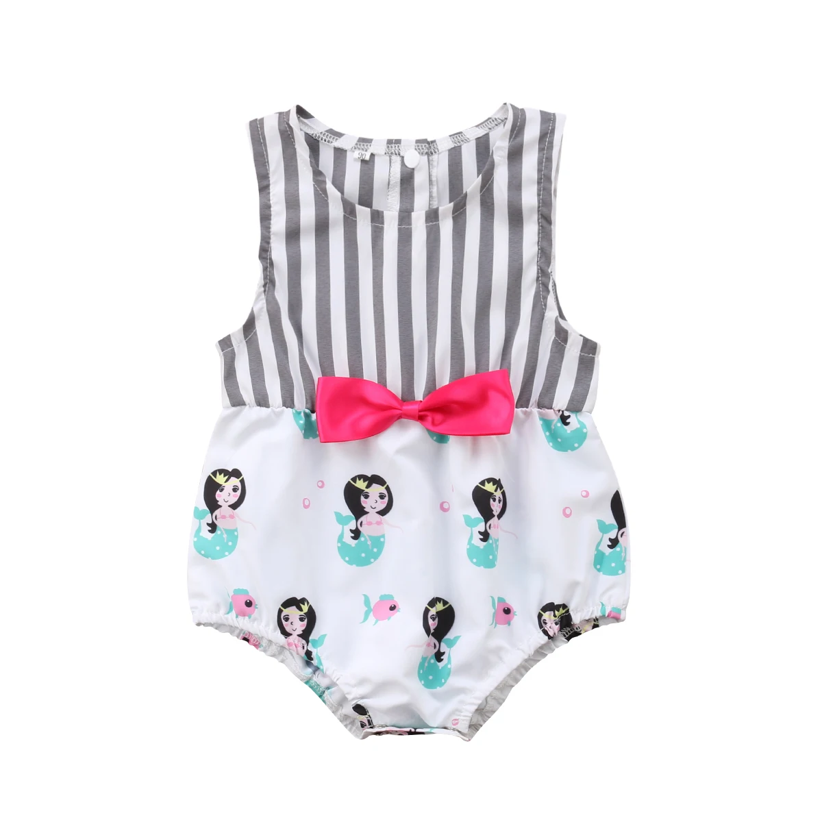 Cute Newborn Baby Girl Sleeveless Cartoon Mermaid Striped Patchwork