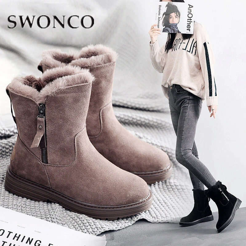 Skup SWONCO prawdziwe skórzane damskie zimowe buty śniegowe buty Oxford damskie zimowe pluszowe damskie w stylu casual, na zamek błyskawiczny ciepłe botki o średniej wysokości 30 stopni