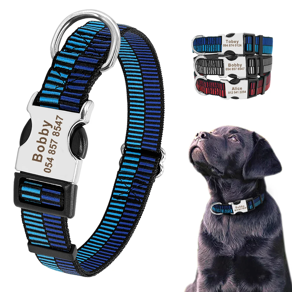 

Personalized Nylon Dog Collar Engraved Dogs Name Colllars Customized Pet ID Tag Nameplate Puppy Pets Accessories