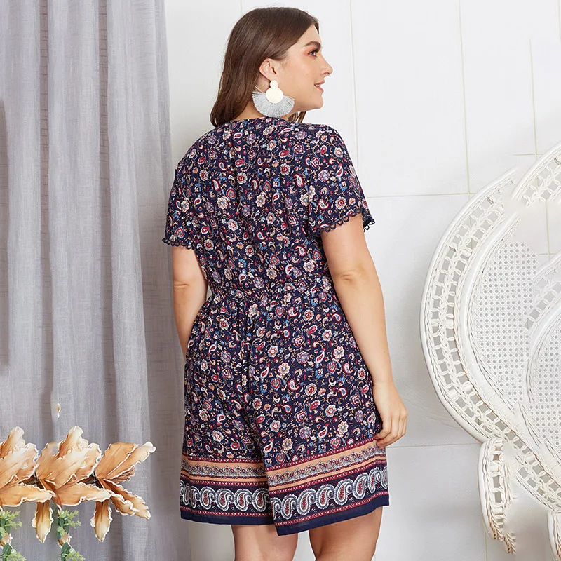Casual Summer Beach Playsuits For Women 2019 New Plus Size 4XL Boho Printed Romper Short Sleeve V Neck Wide Leg Loose Overalls Casual Summer Beach Playsuits For Women 2019 New Plus Size 4XL Boho Printed Romper Short Sleeve V Neck Wide Leg Loose Overalls