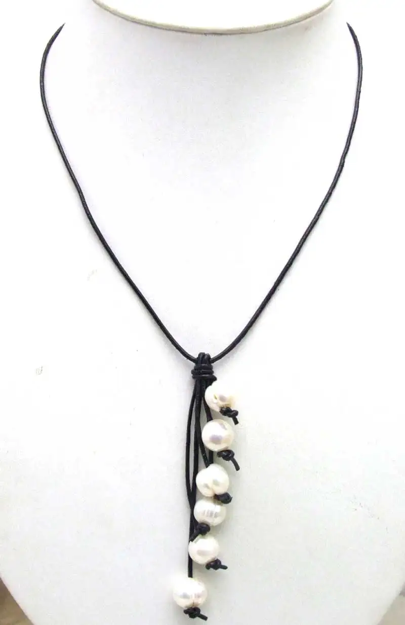 

SALE 6 pieces Big 10-11mm Natural White Freshwater Pearl pendant with Black Genuine Leather 20" Necklace-5914