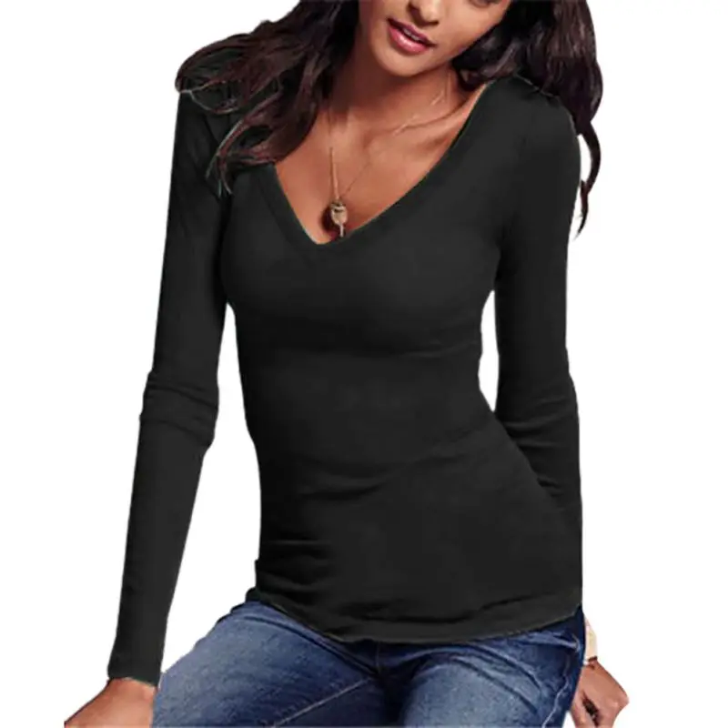 المرأة تي شيرت الربيع الخريف سليم المحملة الأساسية قمصان الصلبة V عنق طويل كم طويل عارضة مثير الإناث قمم فام المرأة تي شيرت الربيع الخريف سليم المحملة الأساسية قمصان الصلبة V عنق طويل كم طويل عارضة مثير الإناث قمم فام