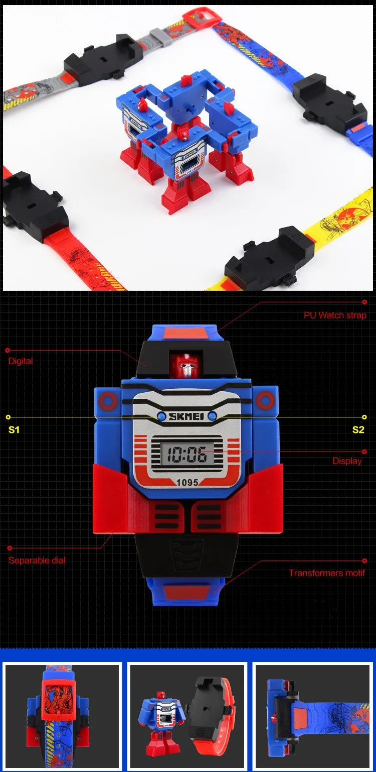 Fashion LED Digit Kids Children Watch Sports Cartoon Watches Cute Relogio Relojes Robot Transformation Toys Boys Wristwatch 1095