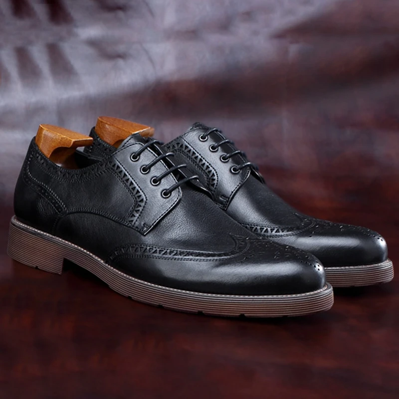 

High Quality Round Toe Man Formal Dress Retro Shoes Natural Genuine Leather Mens Wingtip Brogue Platform Oxford Footwear BGQ108