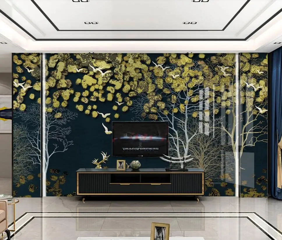 Modern light luxury abstract forest elk golden wealth TV sofa background decoration wallpaper murals | Обустройство дома
