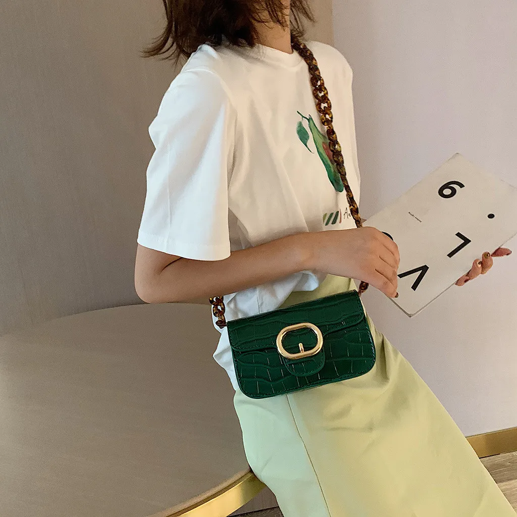 Женская сумка ретро Зеленая кожаная акриловая цепь сумка высокого класса универсальная сумка через плечо женские новые металлические пряжки сумки на плечо