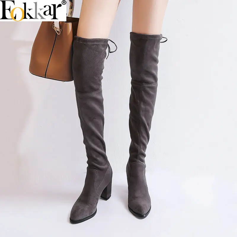 

Eokkar 2020 Pointed Thick Heel Elastic Women Over Knee High Boots Pointed Toe Stretch Slip On Flock Black Winter Shoe Size 34-43