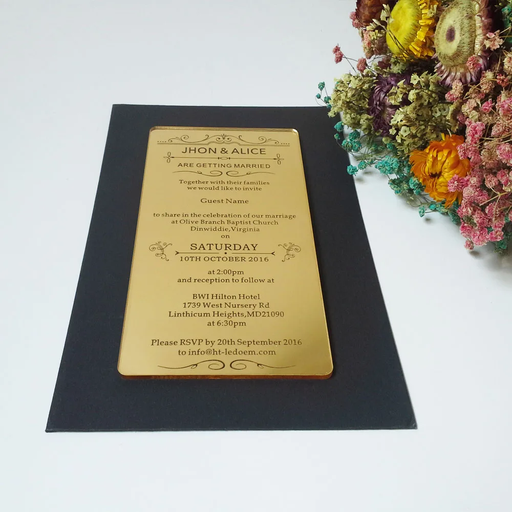  Customized 100*180mm laser engraved letters golden mirror acrylic wedding invitation card (1lot=100 - 32765376566