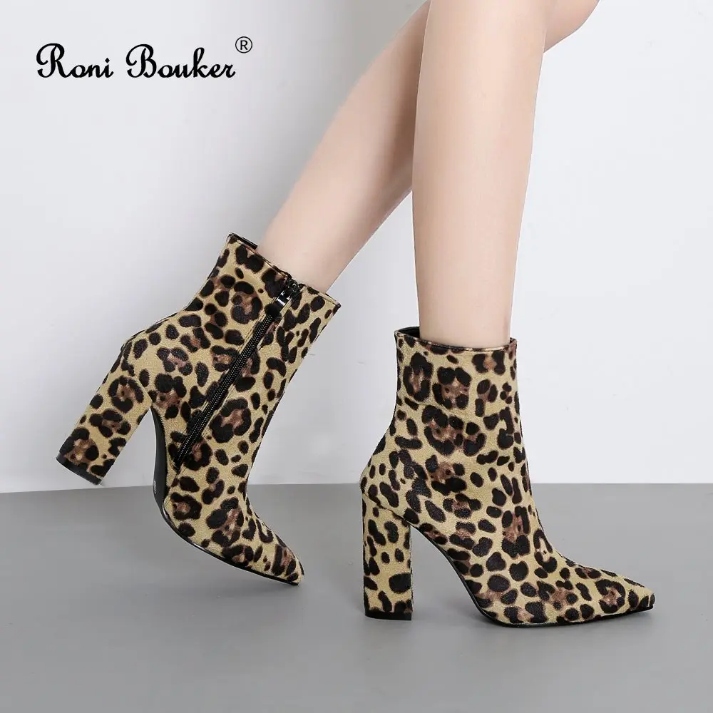 

Roni Bouker Boots with Zip Woman Fashion Flock Leopard Female Pointed Toes Ankle Booties Ladies Comfort Chunky Heel Women Shoes