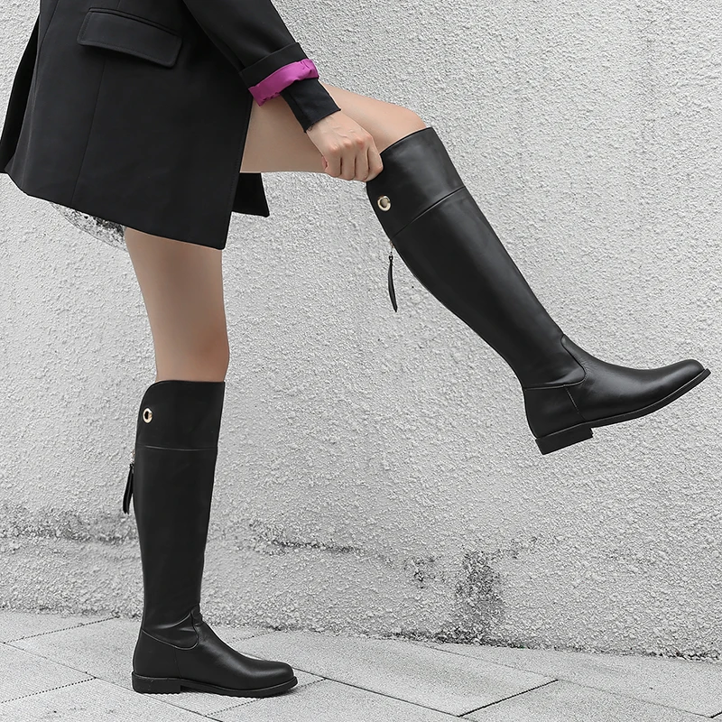 Cena WETKISS krowa skórzane damskie buty do kolan motocyklowe okrągłe Toe Zip obuwie niskie obcasy kobiece buty do jazdy konnej kobieta zima 2019 nowe