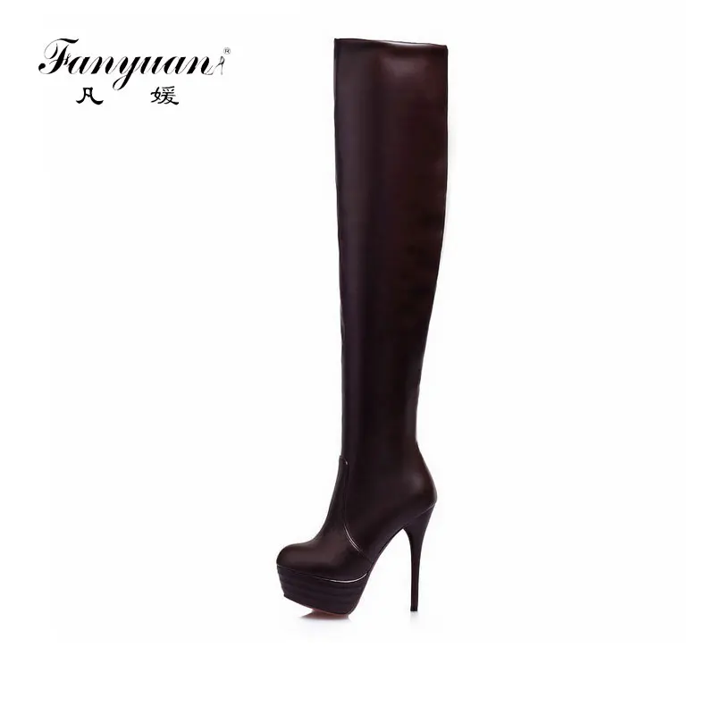 

Fanyuan Women Boots Thigh High Boots Over The Knee Boots Platform Thin High Heels Boots Ladies Shoes Lace Up Brown Big Size 46