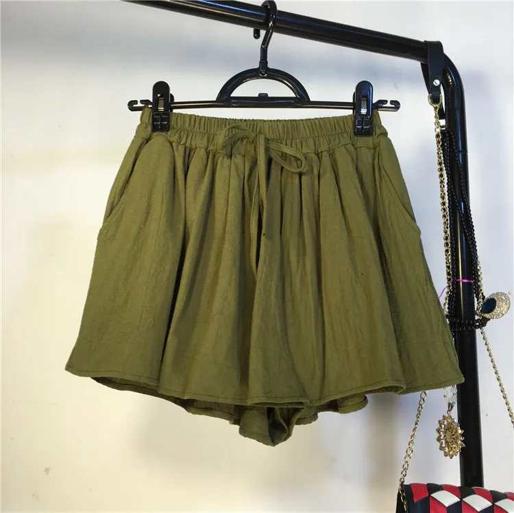 Новинка, летние однотонные свободные хлопковые льняные шорты для женщин, эластичные шорты с высокой талией и широкими штанинами, повседневные тонкие женские шорты OL Mw318 - Цвет: Зеленый