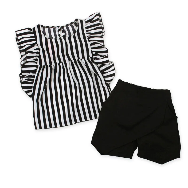 

Summer Girls Clothes Striped Ruffles Vest Tops + Pockets Shorts Kids Outfits Set 998