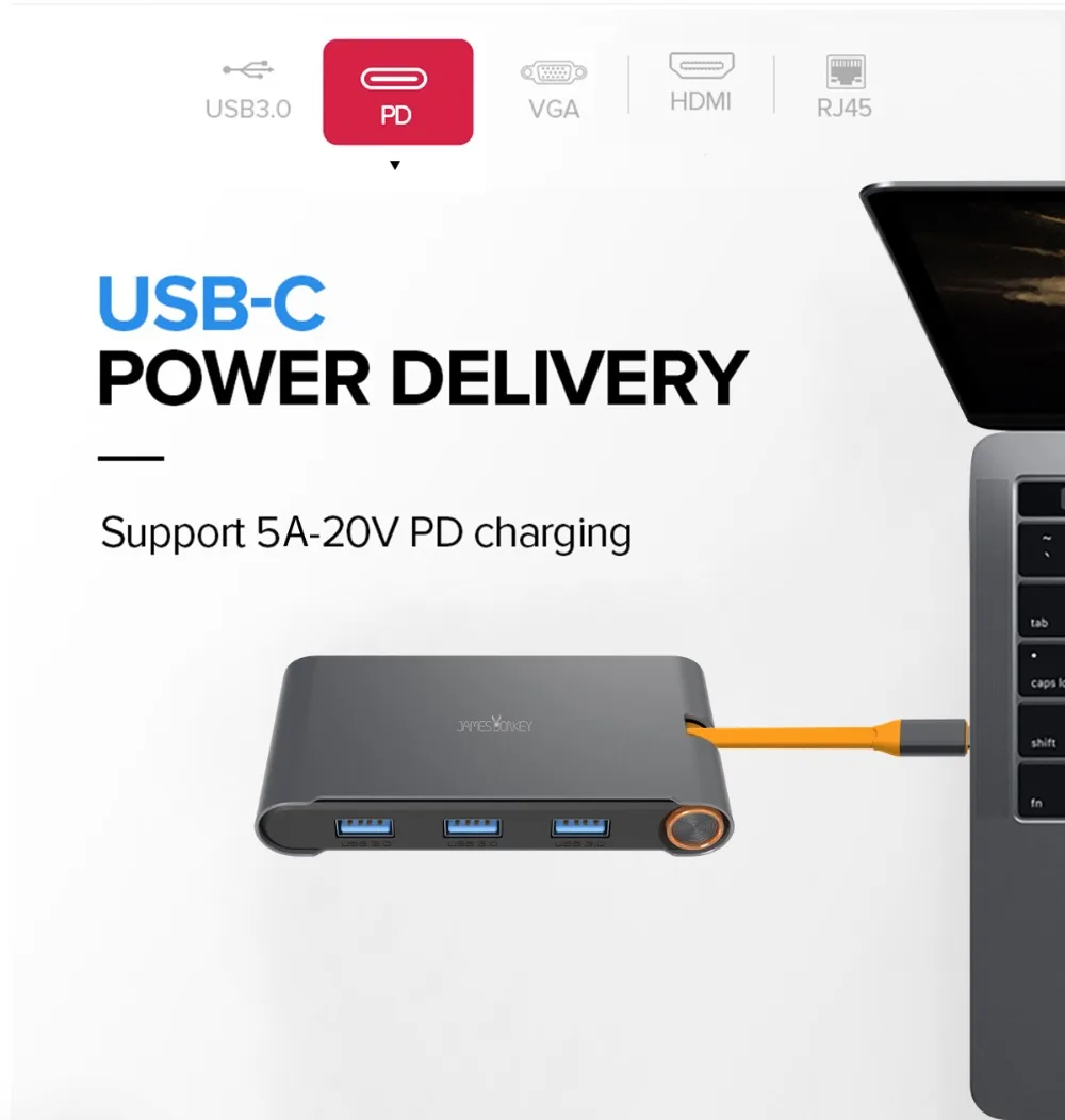 James Donkey 7 в 1 USB C концентратор Thunderbolt 3 концентратор Универсальная док-станция для ноутбука с HDMI/VGA и Gigabit Ethernet для Apple