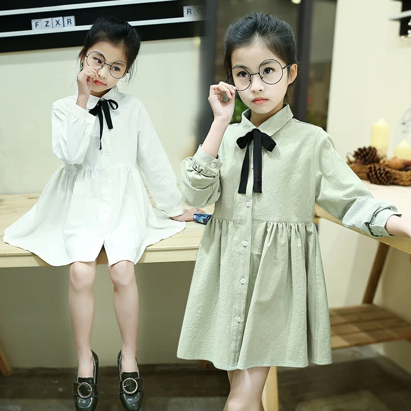 

Children's Garment Girl Spring Clothes School Wind Cute Sweet Tie Trend Child Shirt Dress Kids Clothing Bow Cotton