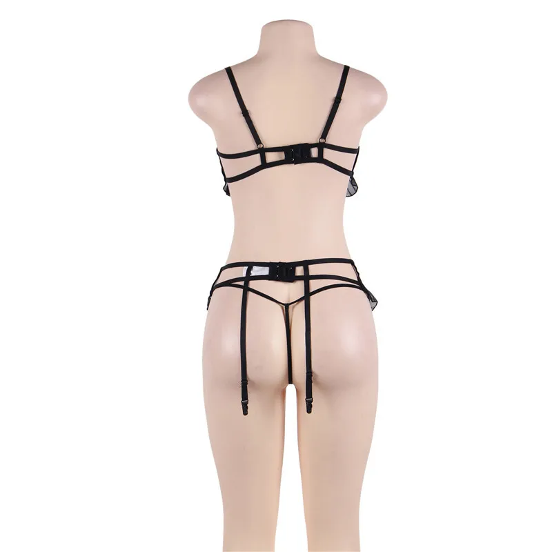Comeonlover Sexy Bra Open Cup Set Black Plus Size Jartiyer Sexy Set 3 Pieces Steel Ring Lingerie Set Garter lenceria RE80512