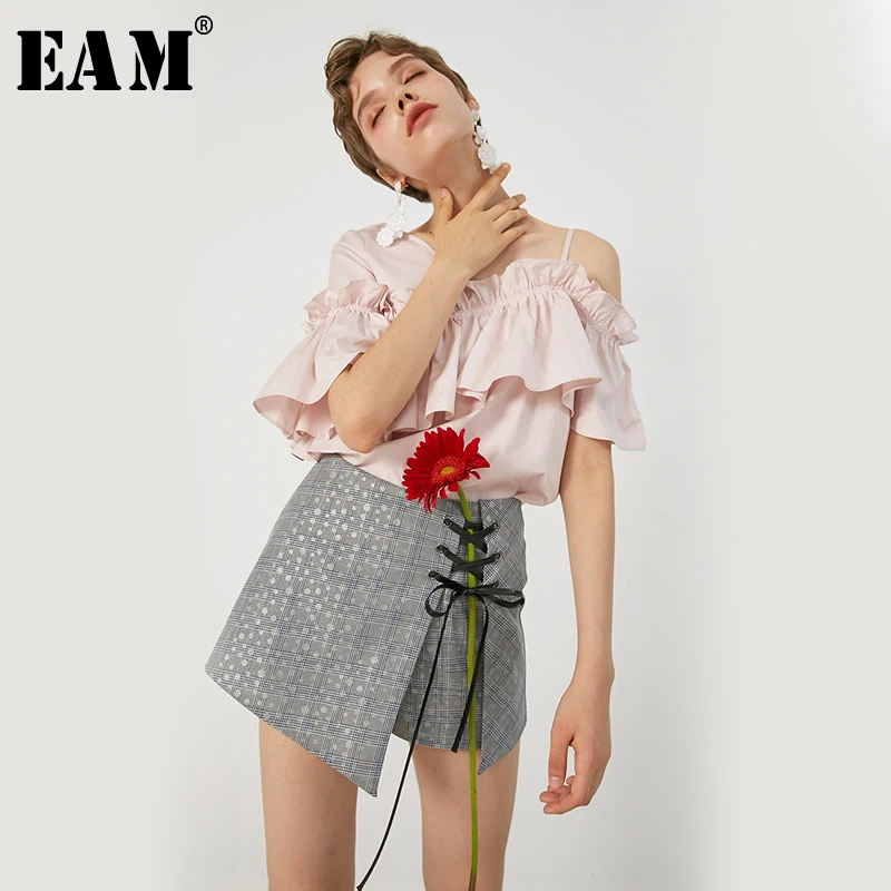 [EAM] 2019 новые весенне-летние свободные черные клетчатые шорты с высокой талией и бандажем, с бантом, с широкими штанинами модные женские