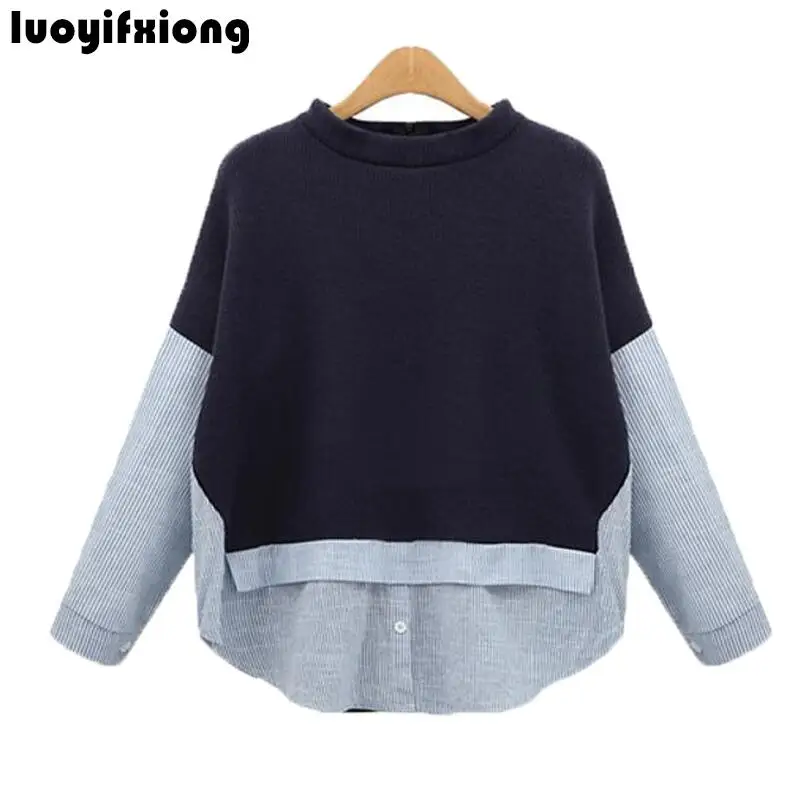 

2019 New Women Blouses Loose Stand Collar Long Sleeve Striped Patchwork Fake Two Pieces Shirts Navy Zipper Plus Size 5XL Blouse