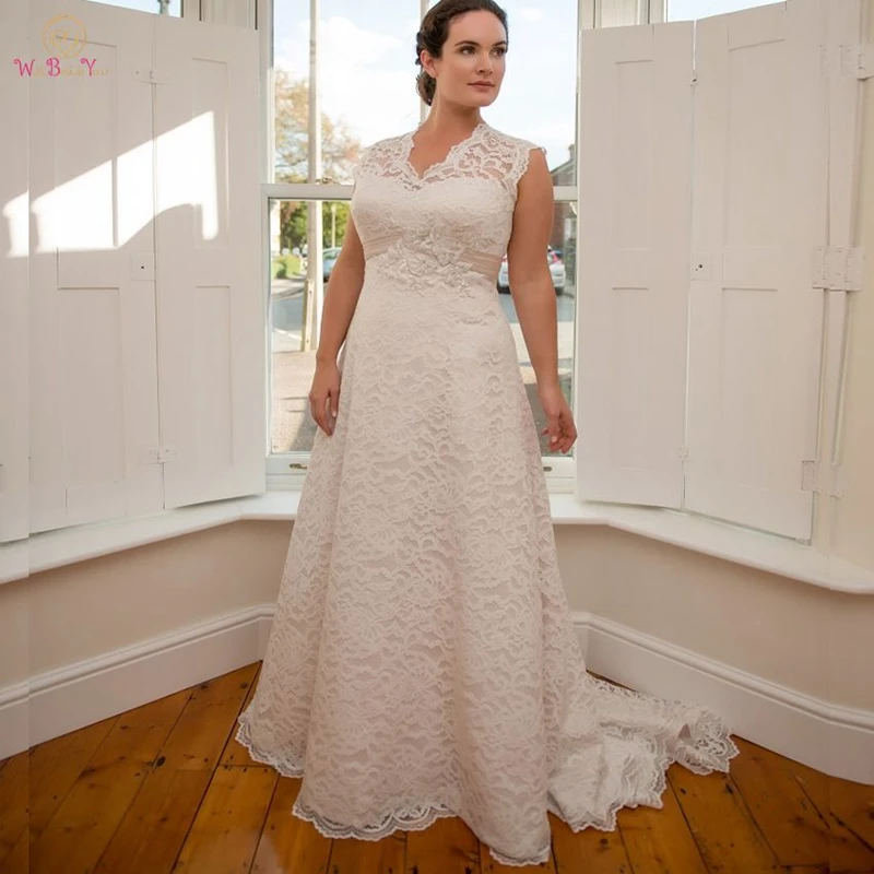 

2019 Wedding Dresses Plus Size Elegant Lace V Neck Sweep Train Capped Open Back A Line Sleeves Lace Up Custom Made Bridal Gown