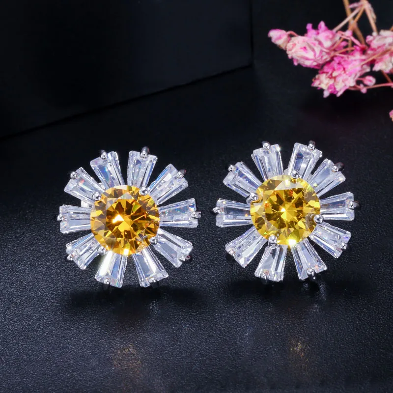 yellow CWWZircons сверкающие высококачественные серебряные желтые и белые CZ Кристальные летние цветочные серьги-гвоздики для женщин подарок CZ452 - Окраска металла: yellow