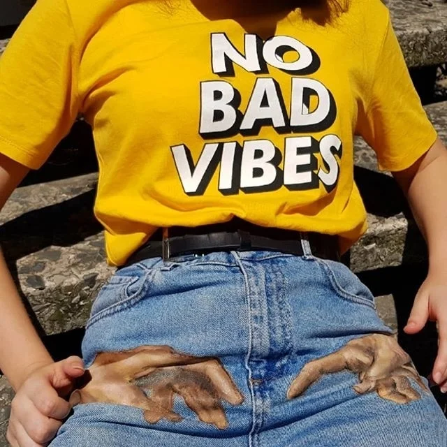

fashionshow-JF No Bad Vibes Women Aesthetic Yellow T-Shirt Tumblr Fashion Cute Printed Tee