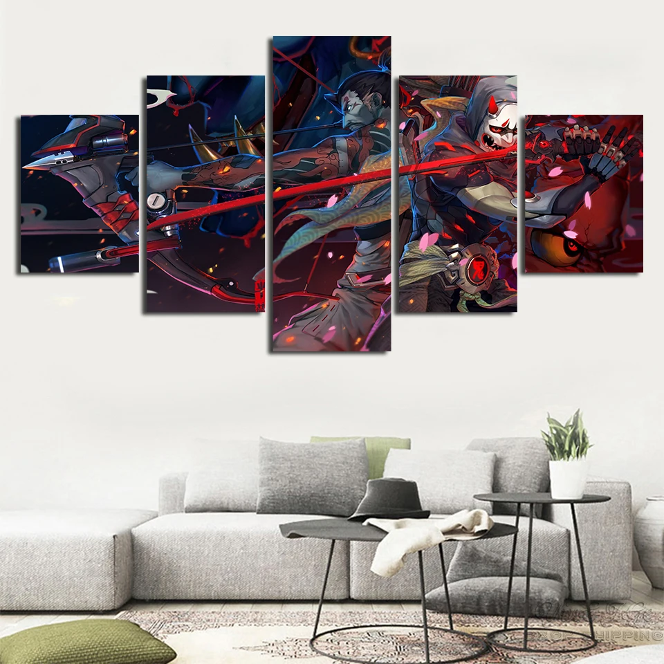Printed-Wall-Art-Cuadros-Modular-Genji-Hanzo-Pictures-5-Piece-Video-Game-Poster-Artwork-Home-Decor