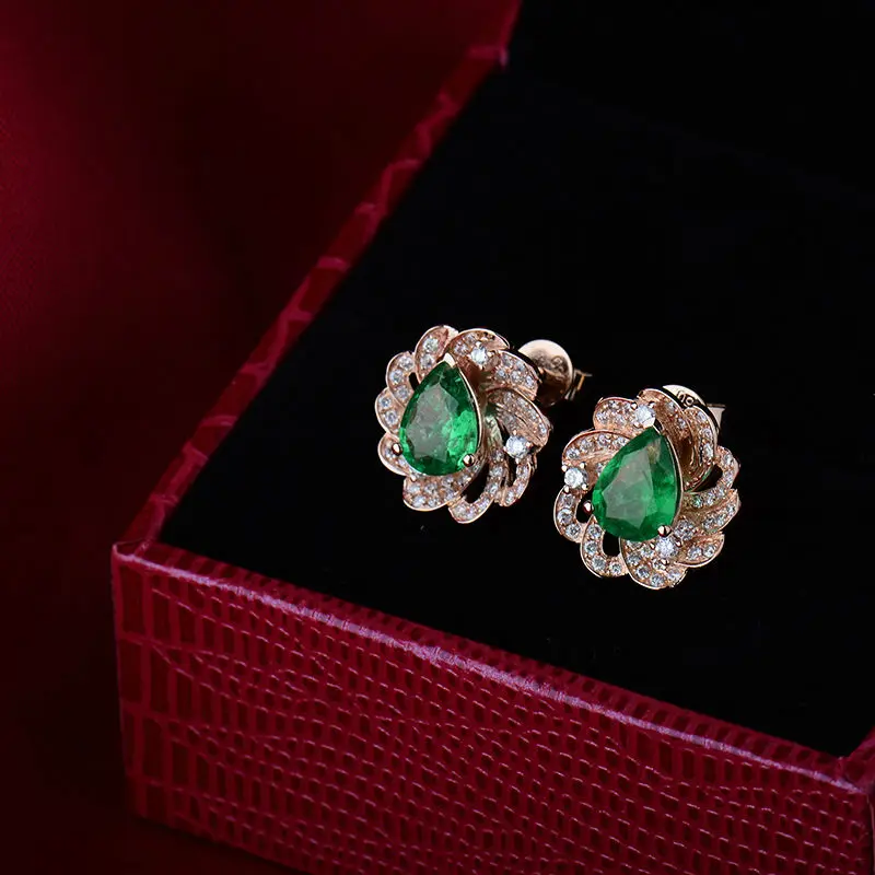 1.68ct Gemstone Jewelry Solid 18Kt Rose Gold Pear 6x8mm Natural Diamond Emerald Stud Earrings For Wedding Gift WU266