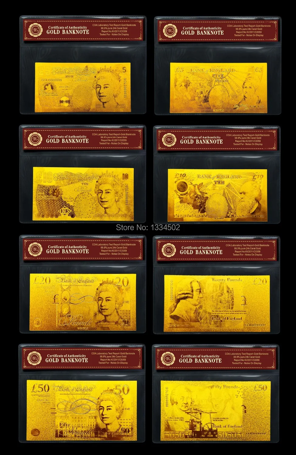 

UK English Gold Banknote Set5.10.20. 50 Pound British Bank Notes Gold w/COA