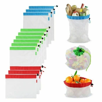 

2019 New Portable 12pcs Reusable Mesh Bag With Rope Vegetable Fruit Toys Storage Pouch Eco-friendly Bag Useful Home Supplies