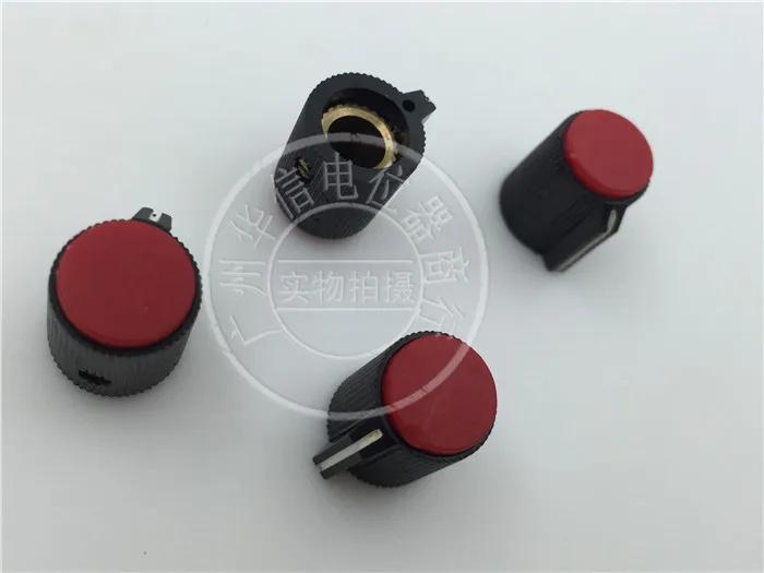 2pcs high quality second hand Non-new potentiometer cylindrical knob cap / black body red cover W13MM * 15.5MM hole 6MM