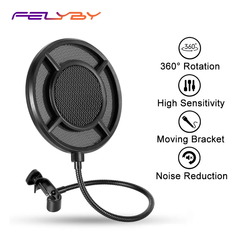 

FELYBY Metal Studio Microphone Pop Filter Double Layer Nylon Windproof Bracket Mesh Noise Reduction Anti-spray Net