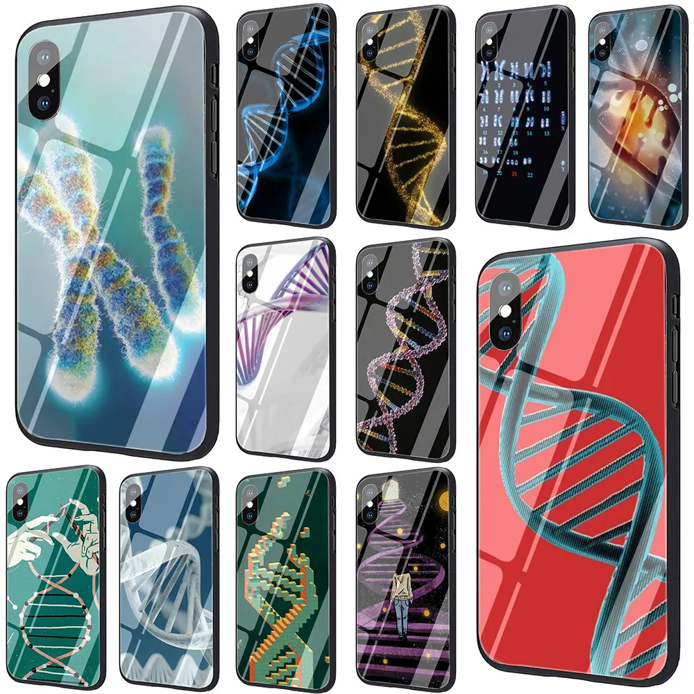 

Retro DNA Science Illustration Tempered Glass TPU Black Case for iPhone 11 Pro X or 10 8 7 6 6S Plus Xr Xs Max