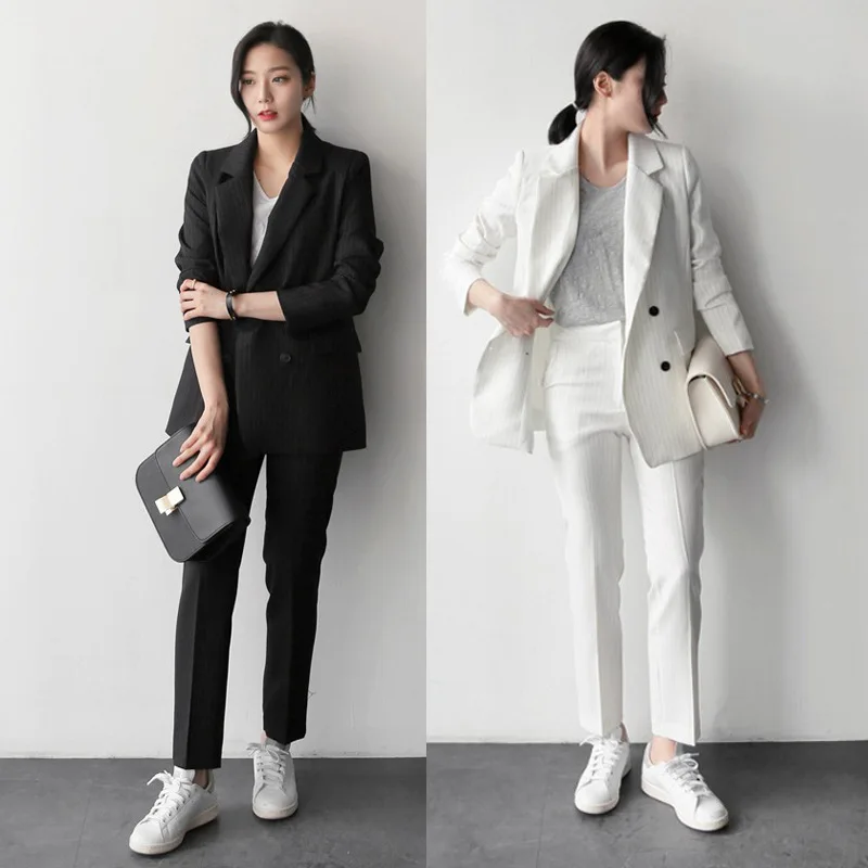 

Woman suits lady suit office style High quality double breasted black blazer female Casual straight pants suit Fall 2019