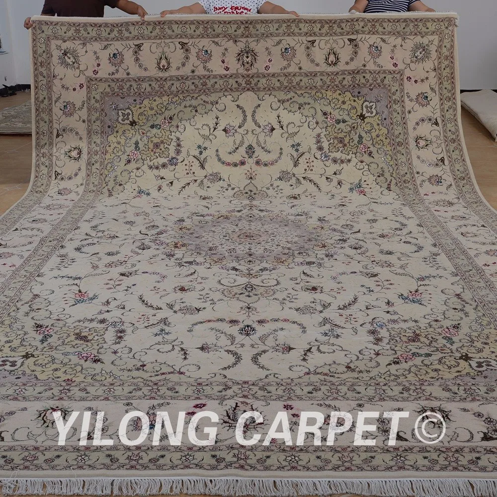 Yilong 10'x14 Исфахан Шерсть Шелк бежевый коврик ручной работы, изысканные ковровое покрытие для гостиной (1500)