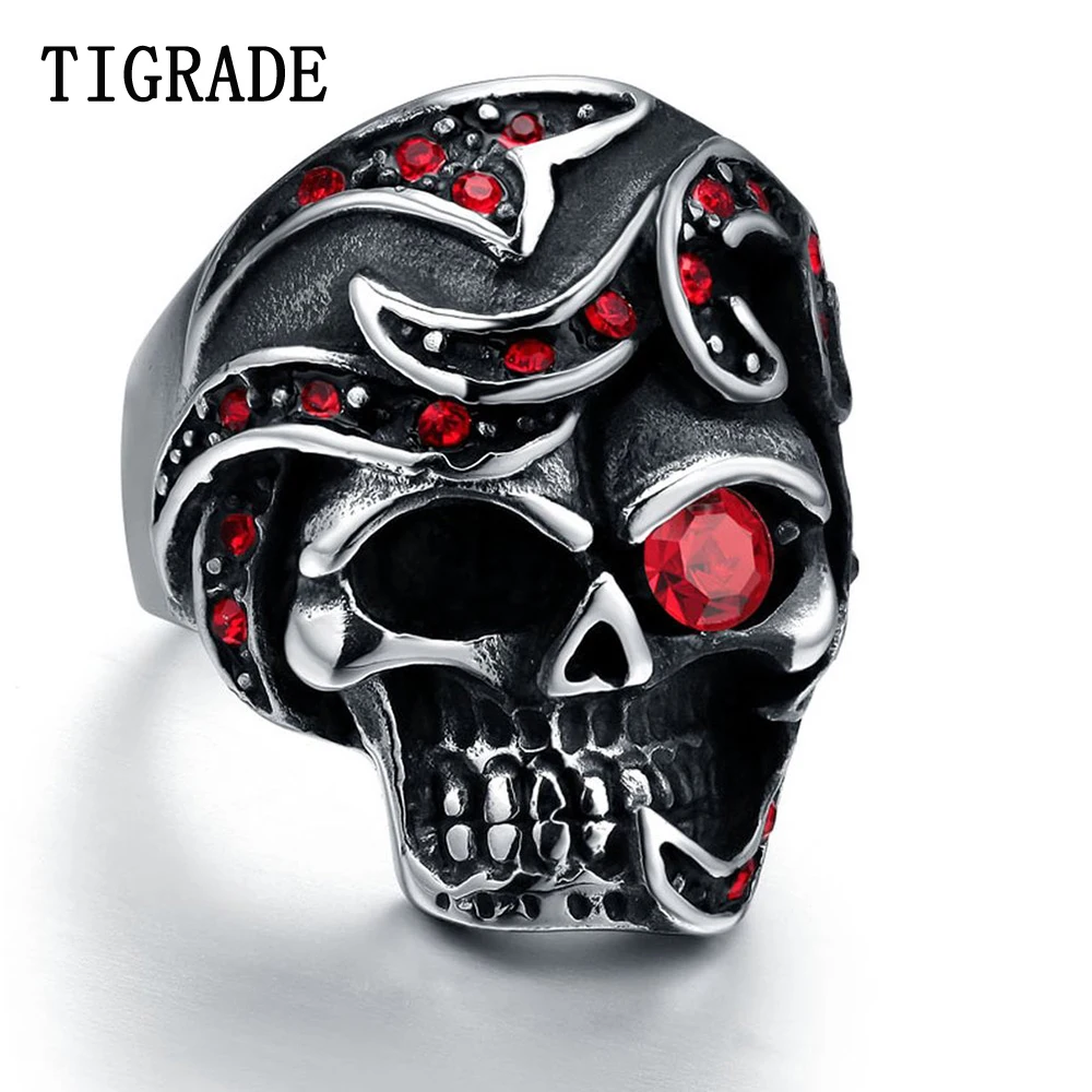 

Biker Men's Jewelry Stainless Steel Ring Garnet Red Simulated Cz Eye Skull Silver Black Gothic Size 8-12