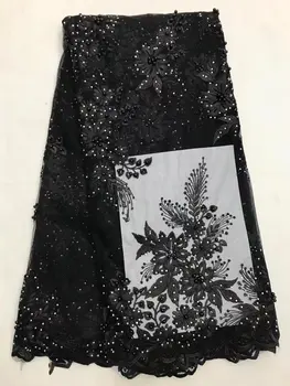 

Wholesale Nigerian Stone Beaded Lace Fabric Black High Quality African Embroidered Tulle Lace Fabric For Wedding Dresses jl5n