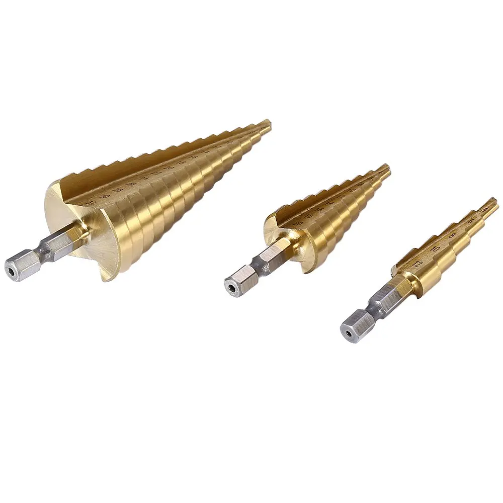 New Golden 3pcs HSS Steel Titanium Coated Step Drill Bits Hole Cutter 4