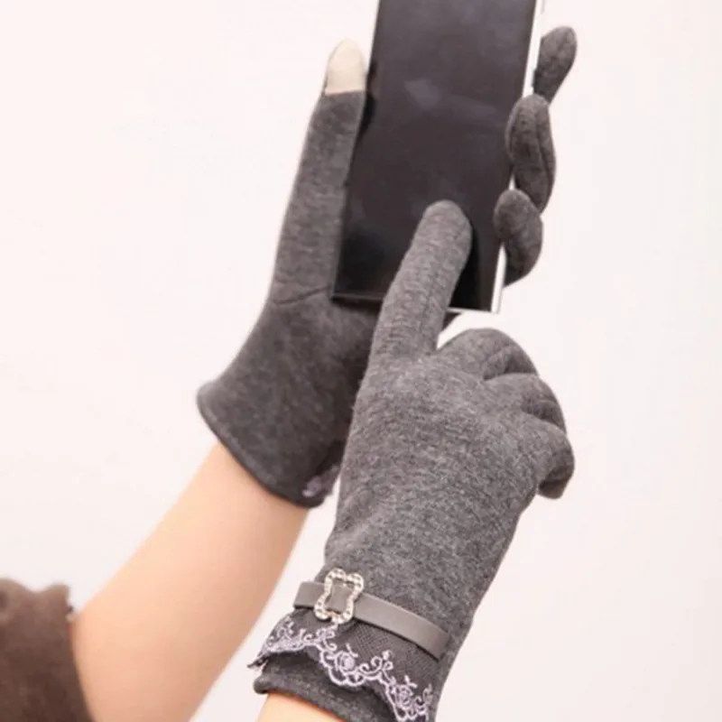 Gray New Hot Cute Fashion Design Cotton Women Touch Screen Lace Gloves