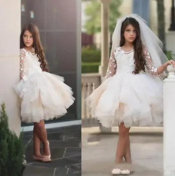 

Flower Girl Dresses for Wedding 2018 Sheer Long Sleeves Lace Appliques Girls Pageant Gowns Fluffy Custom Made