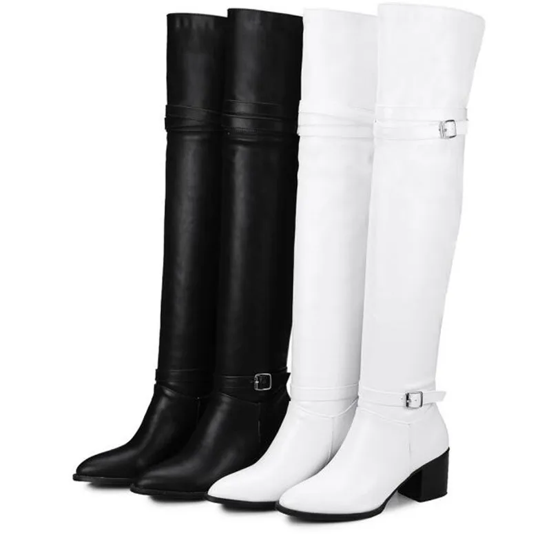 Женские ботфорты до бедра на массивном каблуке 6 см с пряжкой Botas Chaussures Femme большие