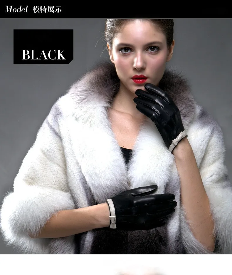 Осень-зима Мода импорта черные перчатки из овчины с белая бабочка из натуральной кожи перчатки для дам AG-11"