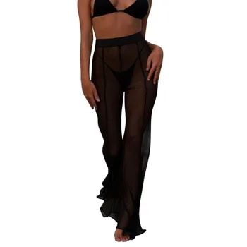 

Newly Summer Women Mesh Wide Leg Pants See Through High Waist Sexy Ladies Beach Casual Flared Trousers m99