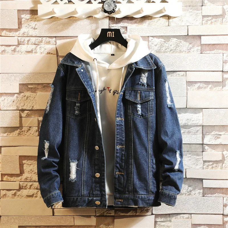 

2019 New broken hole wash long-sleeved denim jacket stylish casual men's jacket