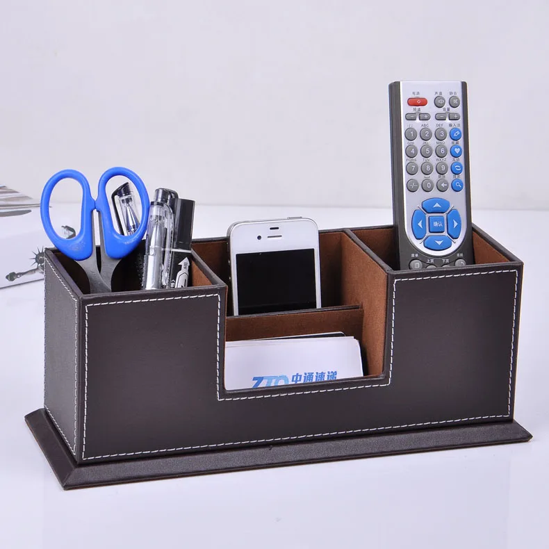 

Leather desktop pen pencils box organizer card mobile stand case display office stationery accessories organizer storage de 202B