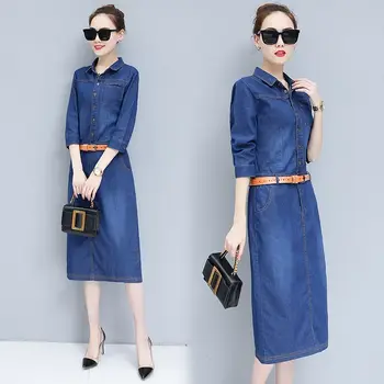 

Women Slim Waist Denim Dress Party Work Office Three Quarter Sleeve Dresses Mid-calf Big Size Tunic Shirt Jeans Dresses C208930
