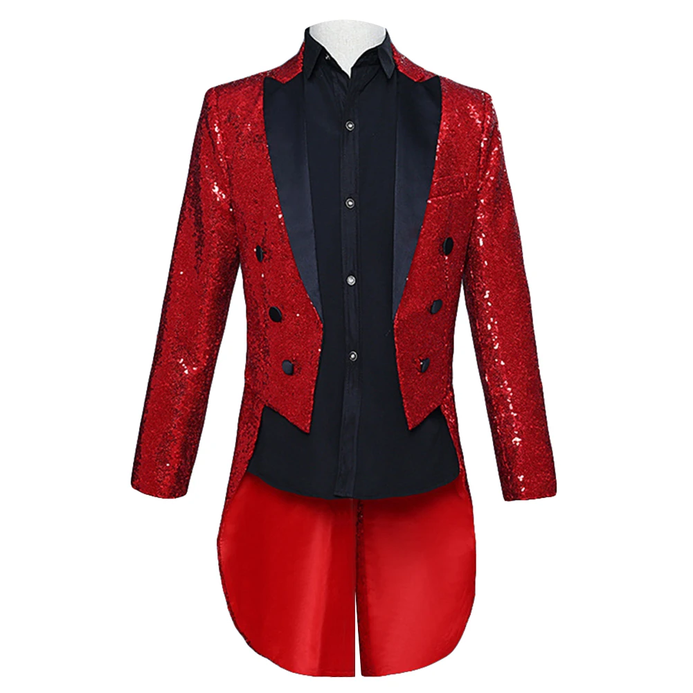 Красный Men Sequins Singer Suit Turn Down Collar Long Sleeve Tuxedo Blazer Stage Costume - Цвет: Красный