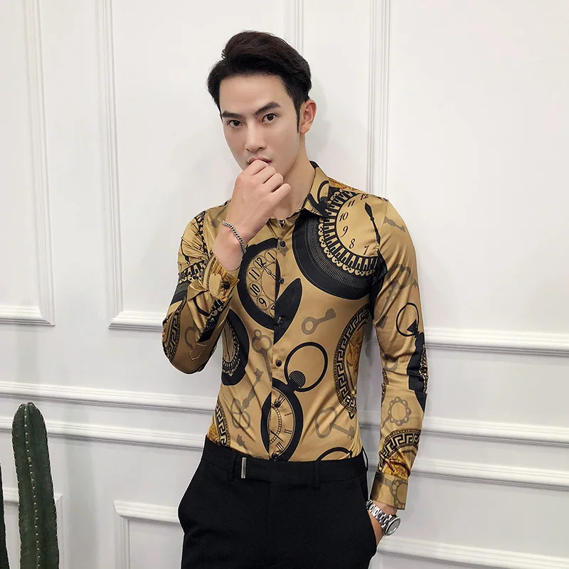 Turn-down Collar Clock Print Shirt British Slim Long Sleeve Fashion Black Golden Casual