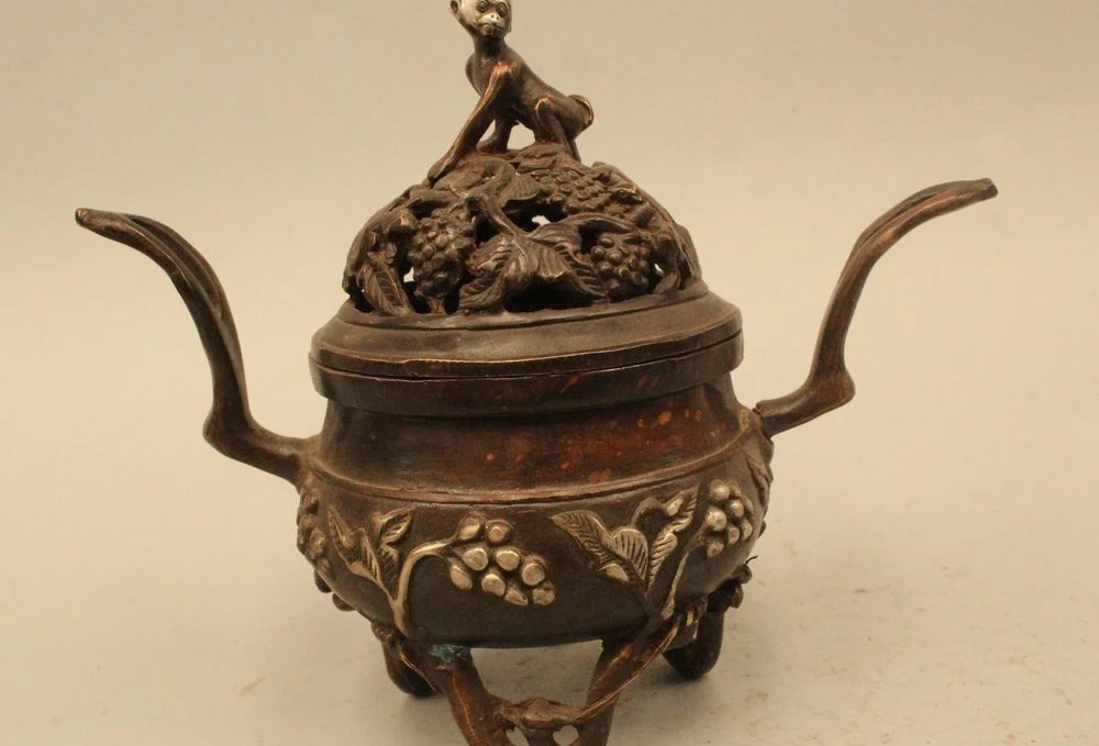 

7" China Chinese Dynasty Palace Bronze Silver peach Monkey Incense Burner Censer